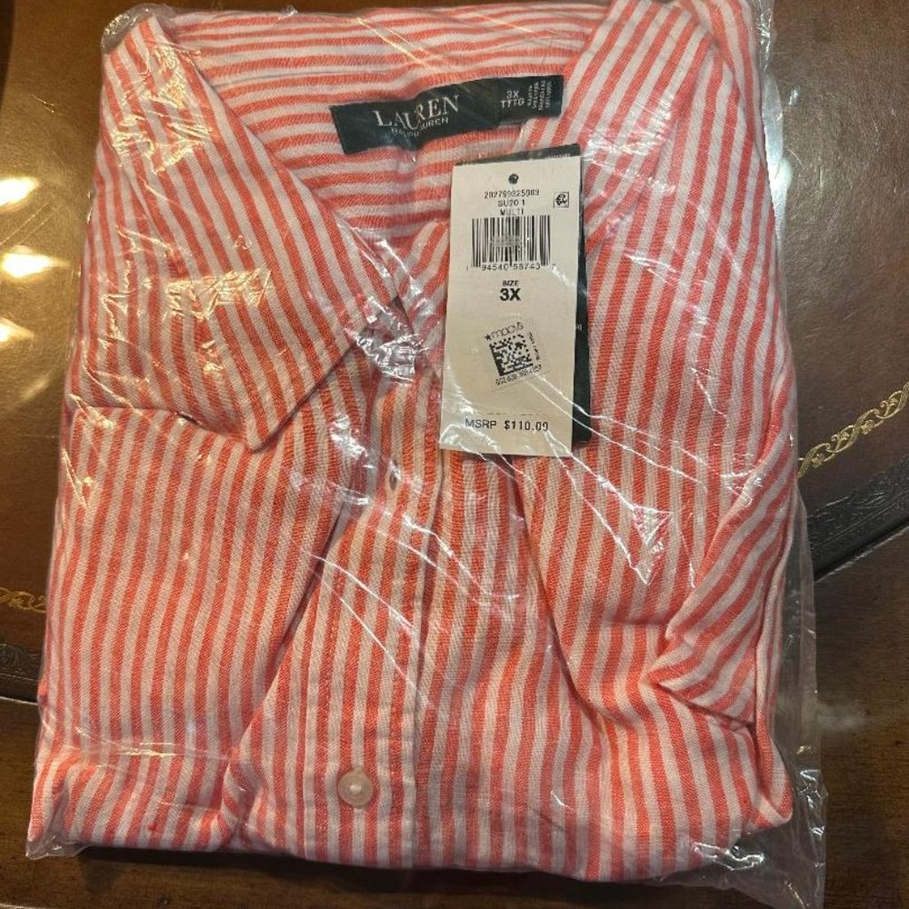 Women's Classic Coral & White Striped Ralph Lauren Blouse Size 3X NWT